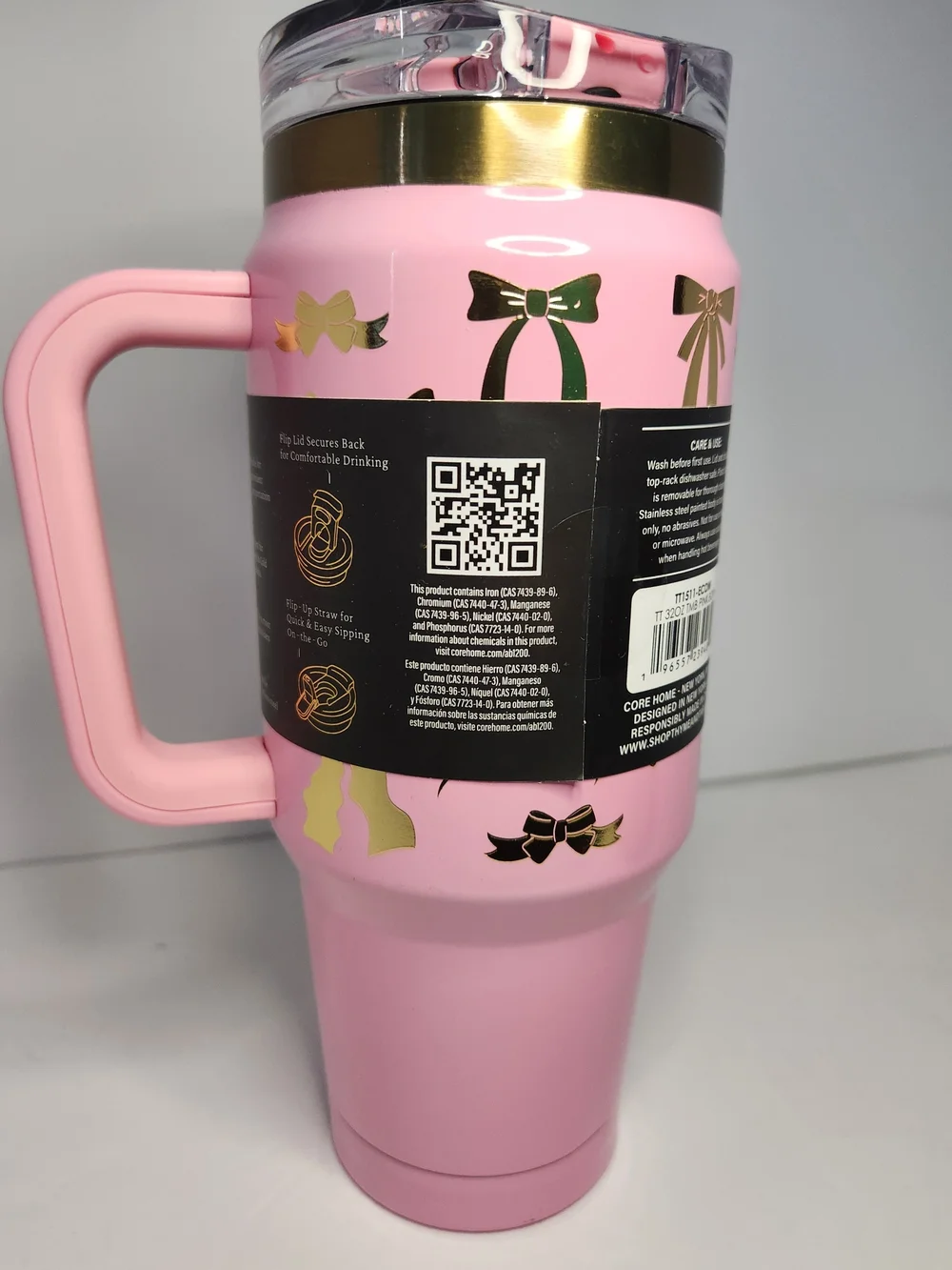 Thyme & Table Luna Tumbler 32 oz. With Handle, 2-in-1 Lid - Pink With Gold Bows